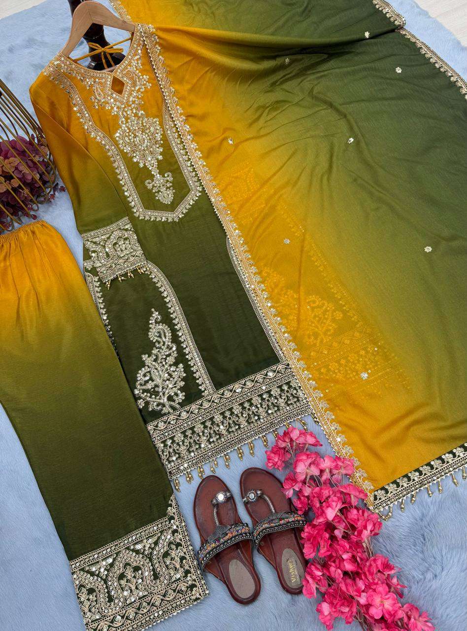 Women's Chinon Silk Embroidery Straight Pakistani Salwar Suit and Dupatta - Image 7