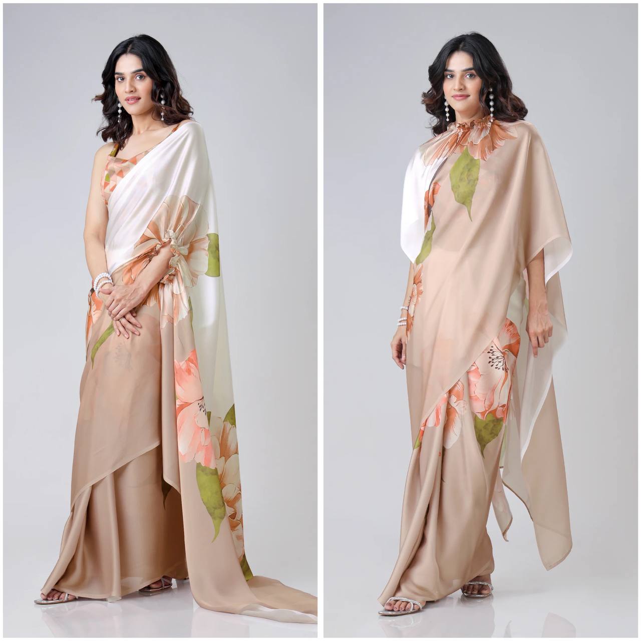 Women's Modern Dual-Tone Peach & Off-White Satin Silk Kaftan Saree with Digital Print Neck Design - Image 16
