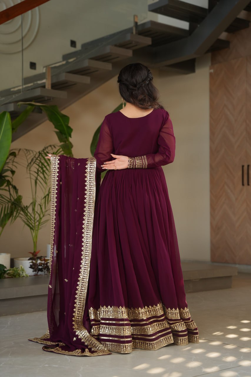 Women's Cotton Embroidered Anarkali Gown with Dupatta – Maroon Festive Wear Set - Image 5