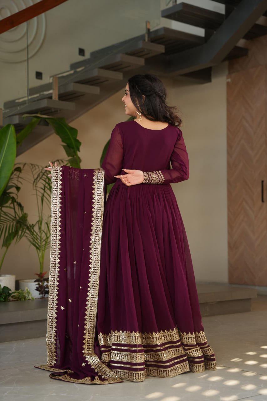Women's Cotton Embroidered Anarkali Gown with Dupatta – Maroon Festive Wear Set - Image 6