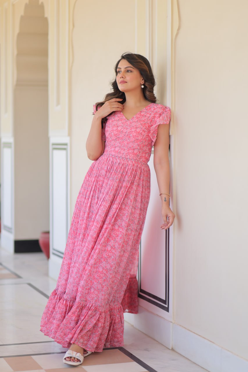 Women's Cotton Floral Printed Ruffle Anarkali Gown Dress (Pink) - Image 9